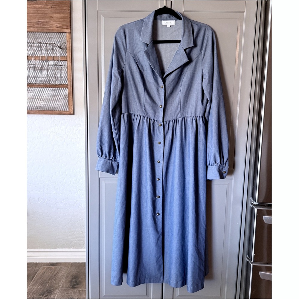 RIHOAS Womens Retro‎ V-Neck Pleated Long Sleeve Brass Button Midi Dress, Blue, L